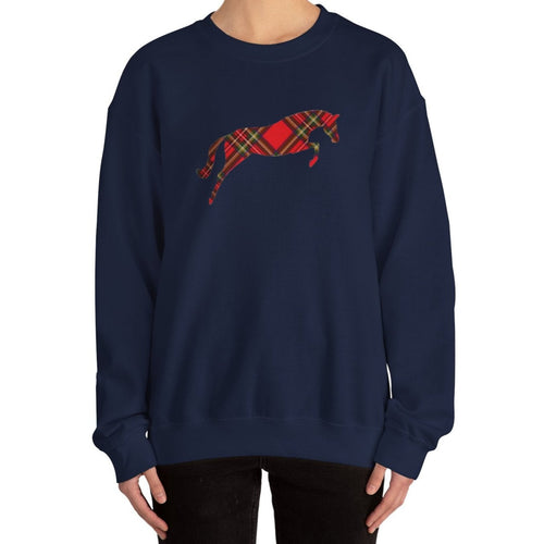 Women's Plaid Jumper Fleece Crewneck modeled in navy.