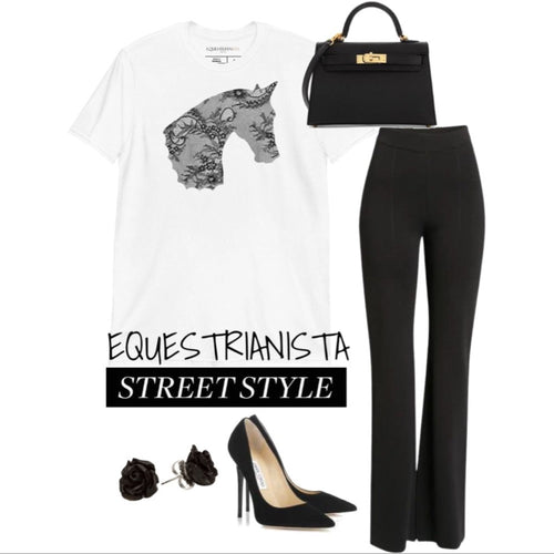 Chantilly Lace Horse T-Shirt in white paired with black ponte pants and black stilettos.