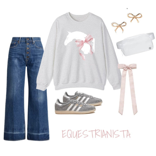 Grey Coquette Horse Fleece Crewneck styled with denim and accessories.